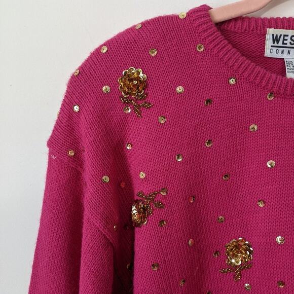 Vintage 80s 90s Pink Gold Sequins Sequined Floral Crewneck Funky Sweater 1980s L - Picture 8 of 11